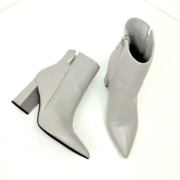 Marc Fisher GABBLE Sleek Gray Leather Side Zip Pointed Toe Block Heeled Boots - Picture 2 of 15
